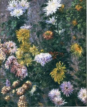 La obra de Gustave Caillebotte White-And-Yellow-Chrysanthemums,-Garden-At-Petit-Gennevilliers