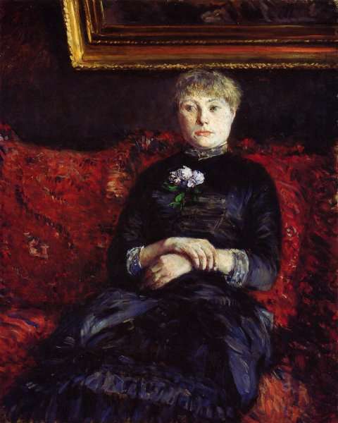 Woman Sitting on a Red-Flowered Sofa by Gustave Caillebotte